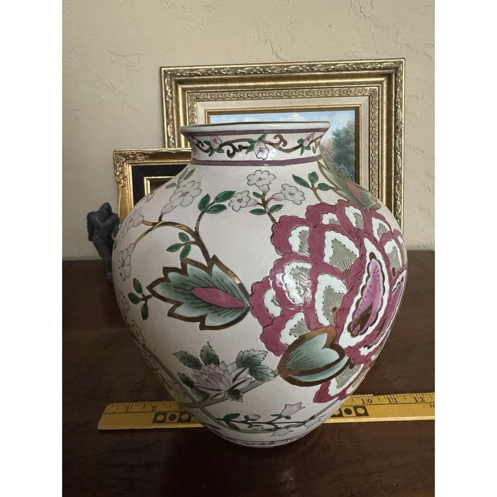 Vintage Porcelain Vase Hand Painted Floral‎ Gold Gilt Chinoiserie Decor 11